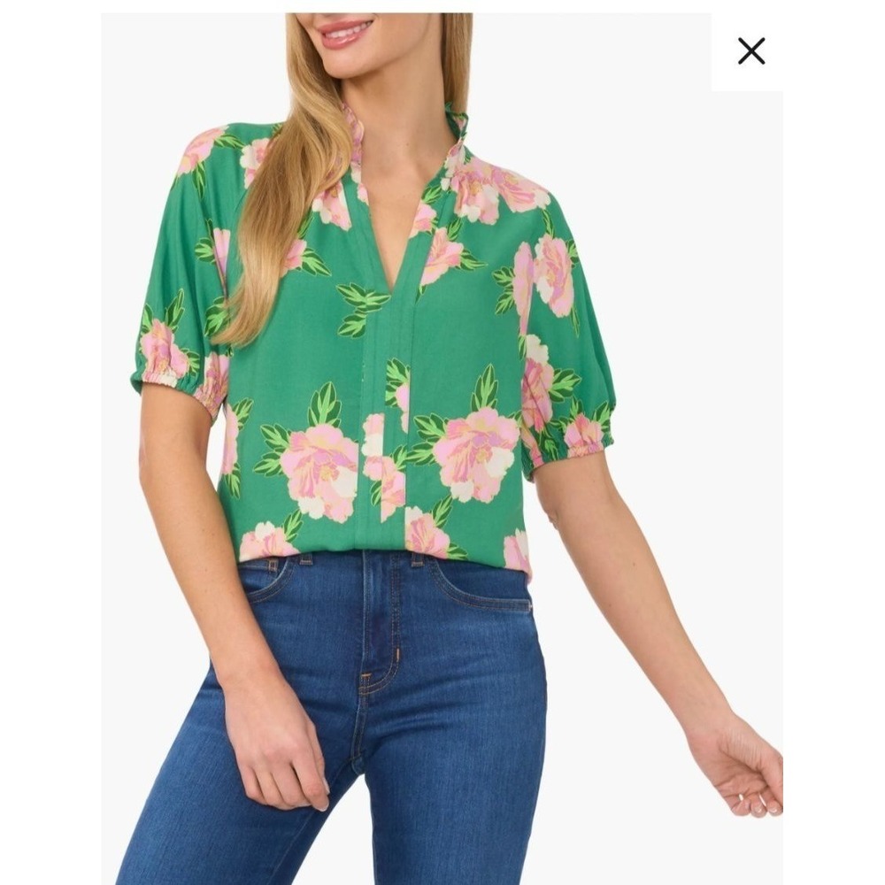 CeCe Top Sz Medium Green Pink Floral Ruffle Neck Puff Sleeve Blouse NWT